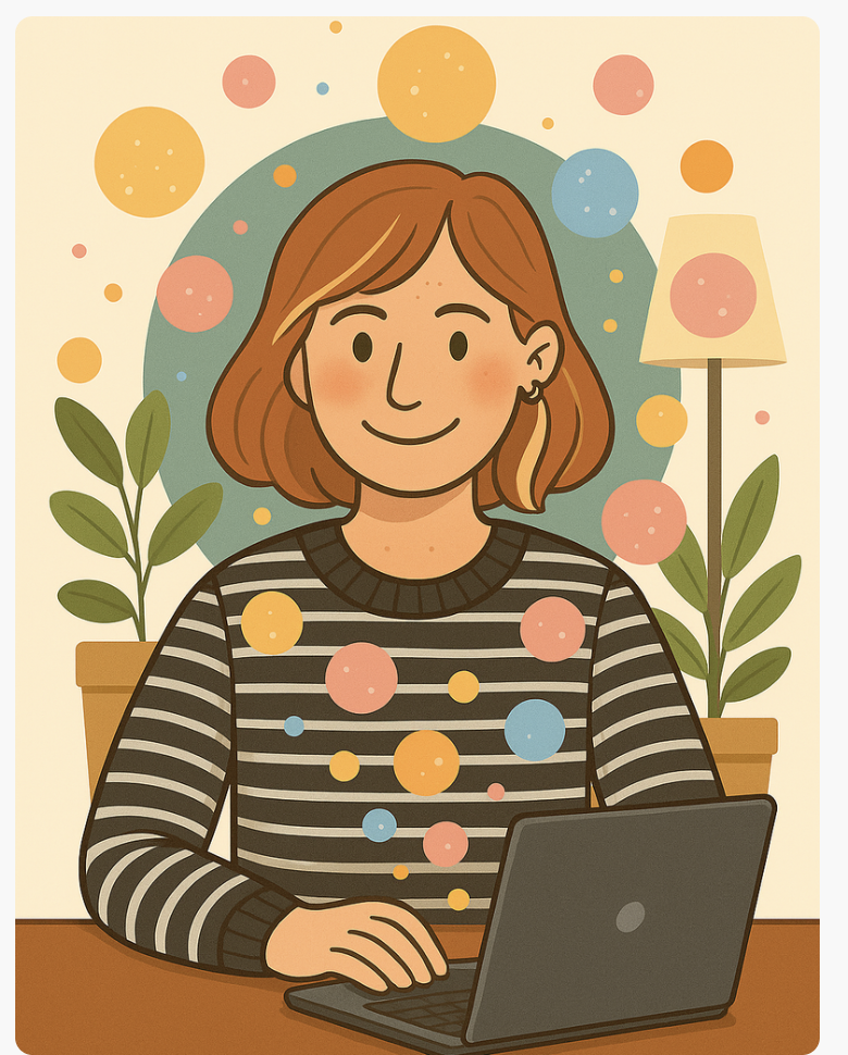 Illustration d’une femme devant son ordinateur entourée de formes colorées — la machine à chaudoudoux version IA