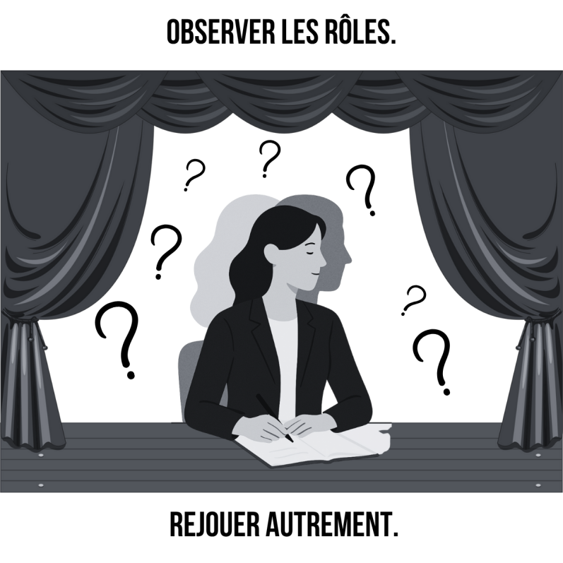 Illustration en noir et blanc d’une femme en costume, assise devant un rideau de théâtre, entourée de points d’interrogation. Métaphore des 